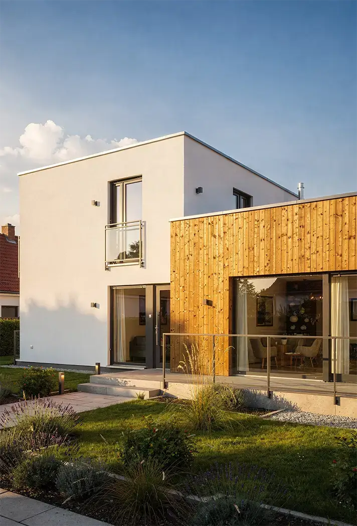 Moderner Hausanbau mit Holzfassade und Flachdach, durchgeführt von Holzwerte Lüneburg